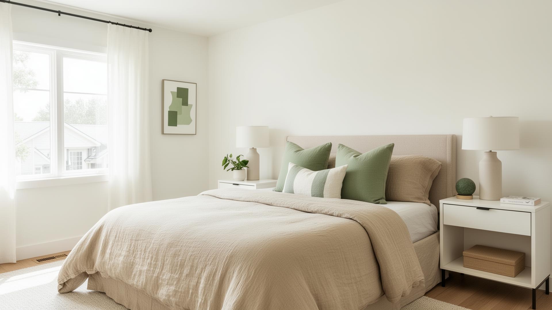 Bright styled bedroom with sage and sand accents